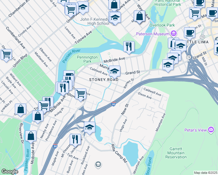 map of restaurants, bars, coffee shops, grocery stores, and more near 151 Carlisle Avenue in Paterson