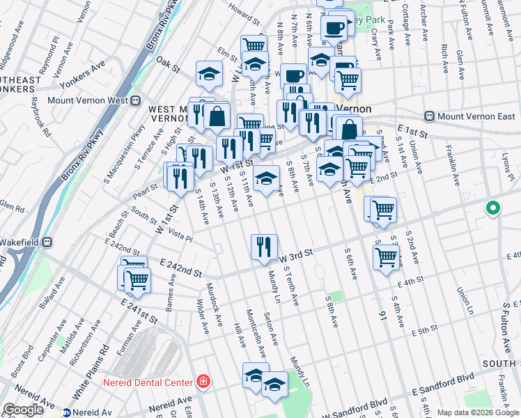 map of restaurants, bars, coffee shops, grocery stores, and more near 58 South 10th Avenue in Mount Vernon