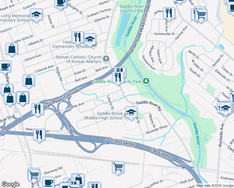 map of restaurants, bars, coffee shops, grocery stores, and more near 16 Pehle Ave in Saddle Brook