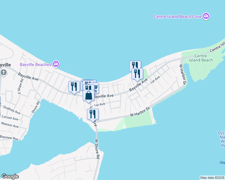 map of restaurants, bars, coffee shops, grocery stores, and more near 10 Shore Ave in Bayville