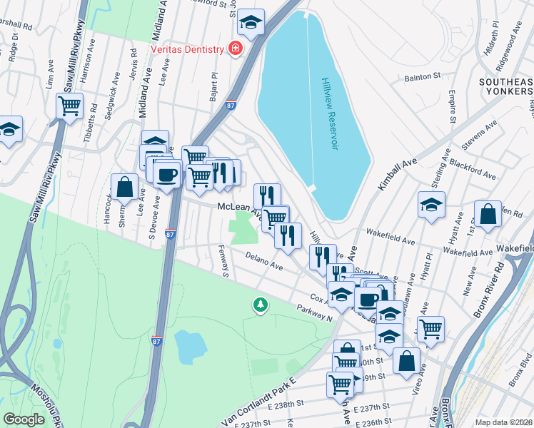 map of restaurants, bars, coffee shops, grocery stores, and more near 776 McLean Avenue in Yonkers
