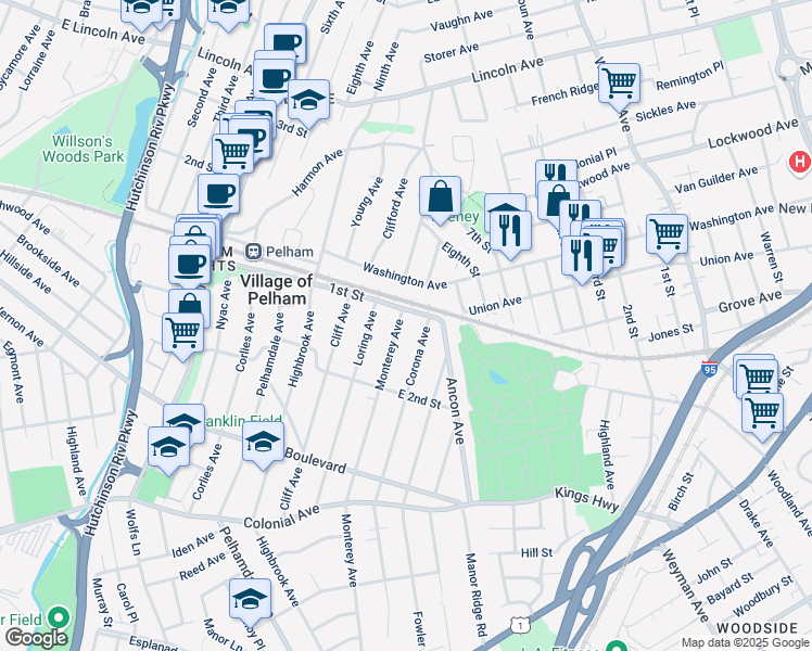 map of restaurants, bars, coffee shops, grocery stores, and more near 108 Monterey Avenue in Village of Pelham