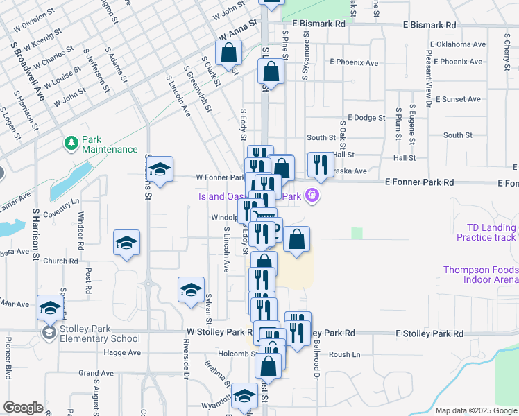 map of restaurants, bars, coffee shops, grocery stores, and more near 1300 South Locust Street in Grand Island