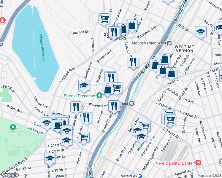 map of restaurants, bars, coffee shops, grocery stores, and more near 57 Hart Avenue in Yonkers