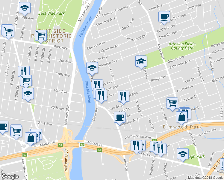 map of restaurants, bars, coffee shops, grocery stores, and more near 44 Falmouth Avenue in Elmwood Park