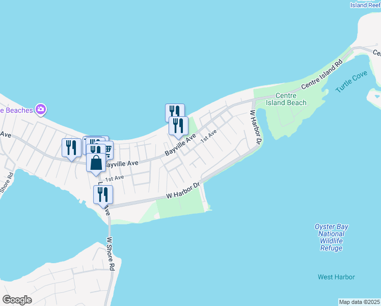 map of restaurants, bars, coffee shops, grocery stores, and more near 34 1st Avenue in Bayville