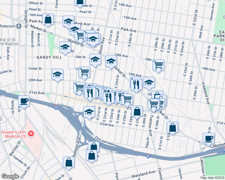 map of restaurants, bars, coffee shops, grocery stores, and more near 360 20th Avenue in Paterson