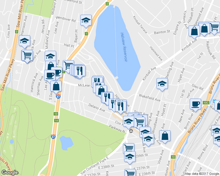 map of restaurants, bars, coffee shops, grocery stores, and more near 91 Hillview Avenue in Yonkers