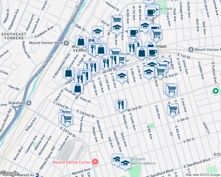map of restaurants, bars, coffee shops, grocery stores, and more near 53 South 12th Avenue in Mount Vernon