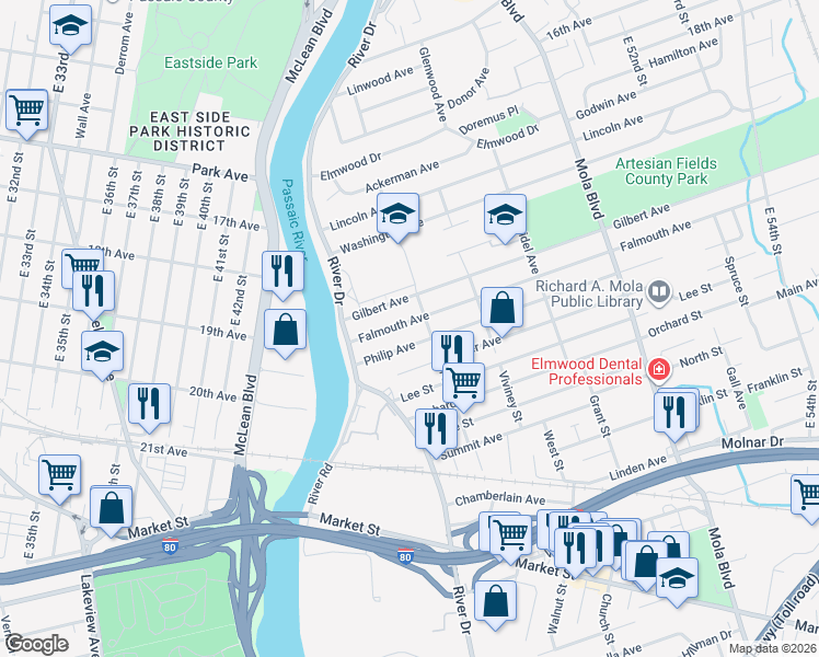 map of restaurants, bars, coffee shops, grocery stores, and more near 44 Falmouth Avenue in Elmwood Park