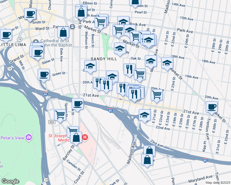 map of restaurants, bars, coffee shops, grocery stores, and more near 61 State Street in Paterson
