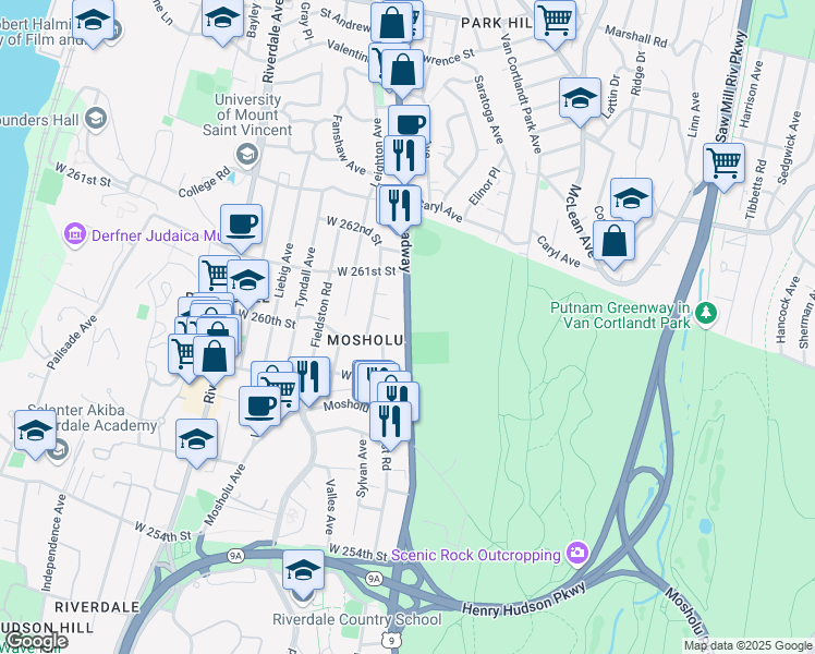 map of restaurants, bars, coffee shops, grocery stores, and more near 6585 Broadway in Bronx