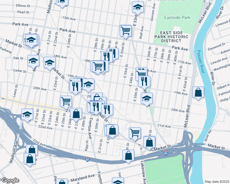 map of restaurants, bars, coffee shops, grocery stores, and more near 498 East 32nd Street in Paterson