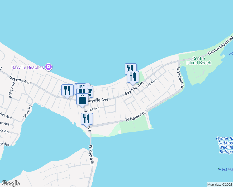 map of restaurants, bars, coffee shops, grocery stores, and more near 4 Ships Ln in Bayville
