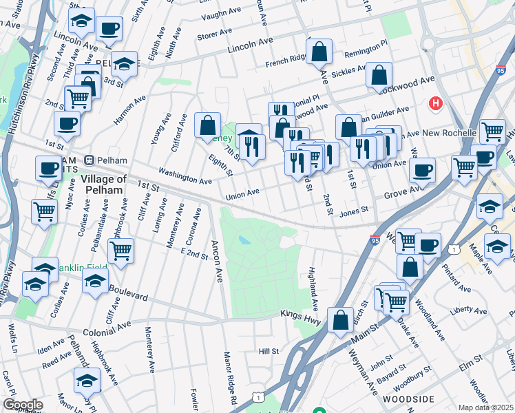 map of restaurants, bars, coffee shops, grocery stores, and more near 2 7th Street in New Rochelle