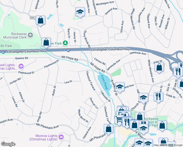 map of restaurants, bars, coffee shops, grocery stores, and more near 194 Lakeside Drive in Rockaway