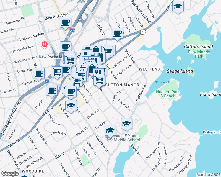 map of restaurants, bars, coffee shops, grocery stores, and more near 60 Locust Avenue in New Rochelle
