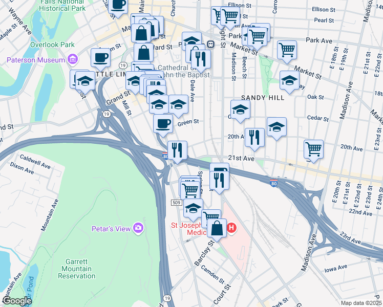 map of restaurants, bars, coffee shops, grocery stores, and more near 144 Spring Street in Paterson