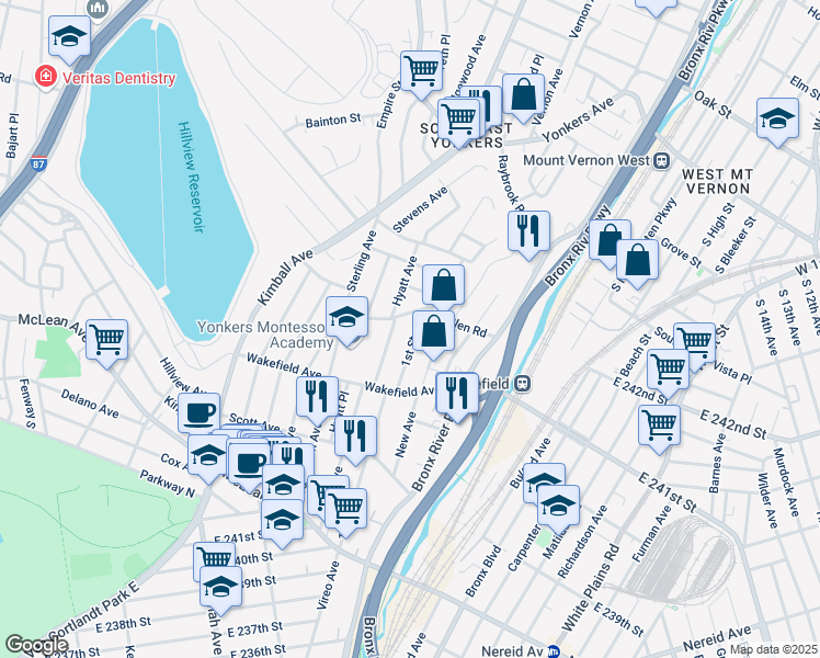 map of restaurants, bars, coffee shops, grocery stores, and more near 185 1st Street in Yonkers