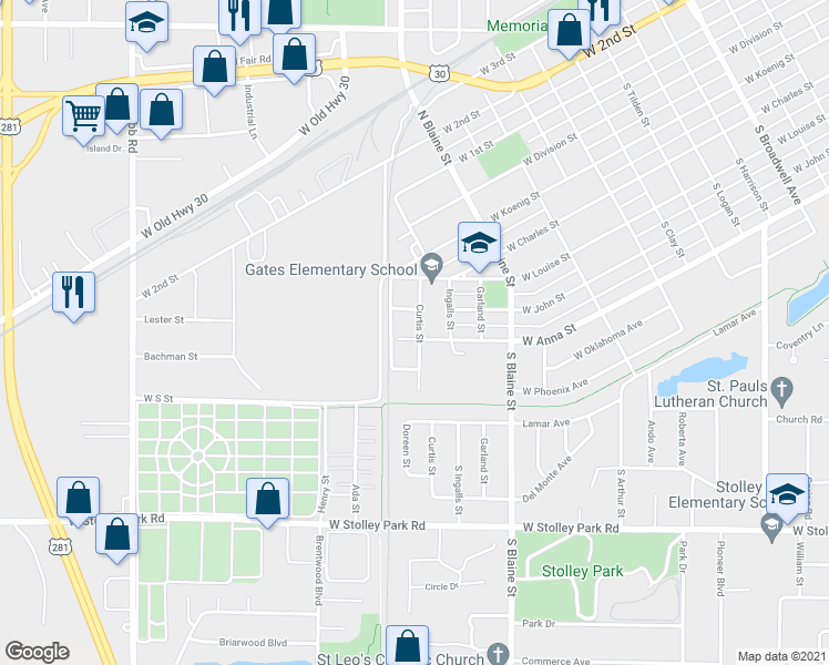 map of restaurants, bars, coffee shops, grocery stores, and more near 618 Curtis Street in Grand Island