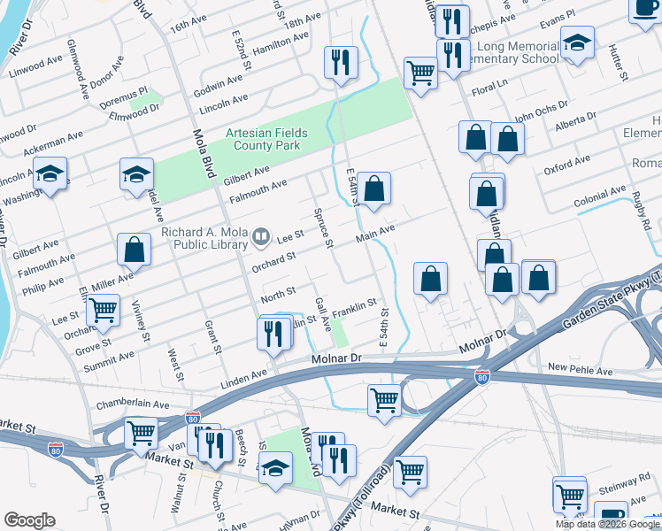 map of restaurants, bars, coffee shops, grocery stores, and more near 52A Spruce Street in Elmwood Park