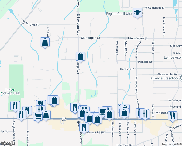 map of restaurants, bars, coffee shops, grocery stores, and more near 1723 Carriage Lane in Alliance