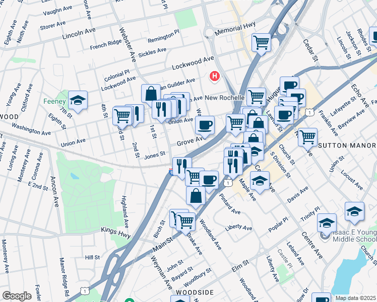 map of restaurants, bars, coffee shops, grocery stores, and more near 65 Crescent Avenue in New Rochelle