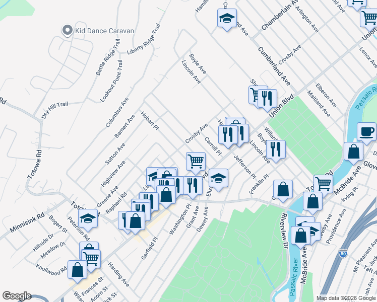 map of restaurants, bars, coffee shops, grocery stores, and more near 123 Gordon Avenue in Totowa