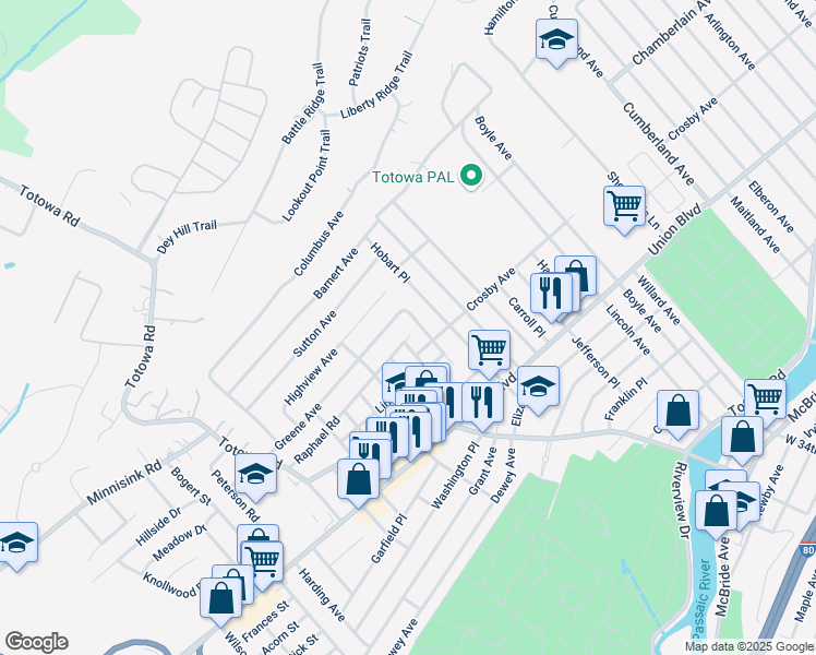 map of restaurants, bars, coffee shops, grocery stores, and more near 17 Greene Avenue in Totowa