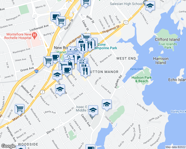 map of restaurants, bars, coffee shops, grocery stores, and more near 60 Locust Avenue in New Rochelle