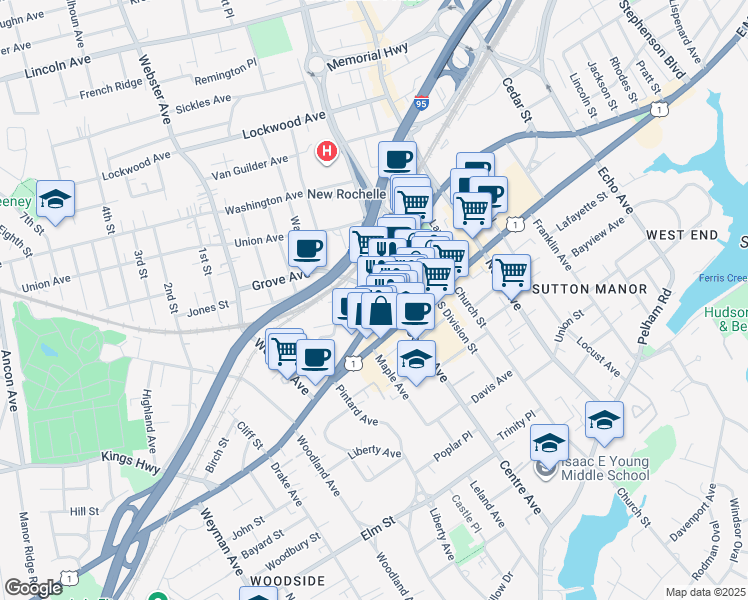 map of restaurants, bars, coffee shops, grocery stores, and more near 347 U.S. 1 in New Rochelle
