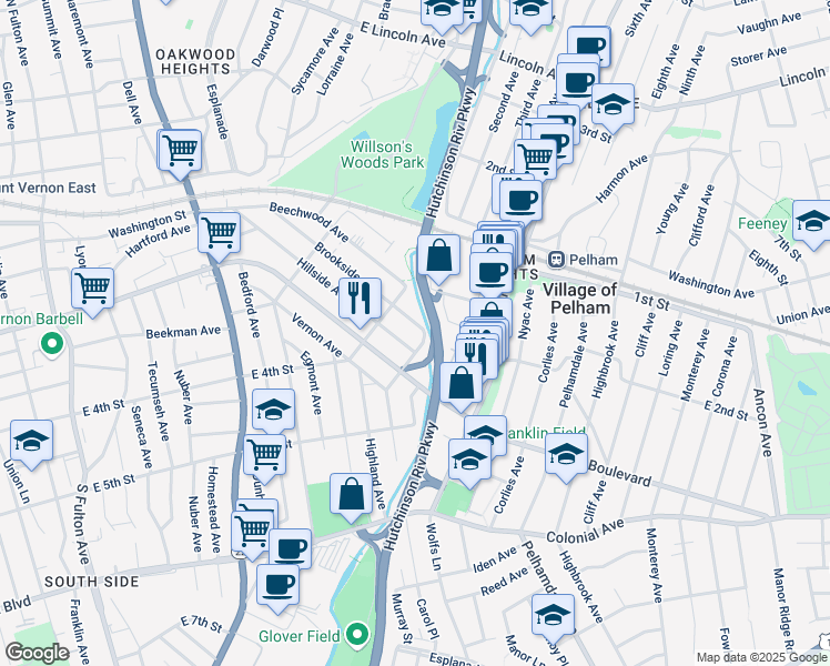 map of restaurants, bars, coffee shops, grocery stores, and more near 209 Hillside Avenue in Mount Vernon