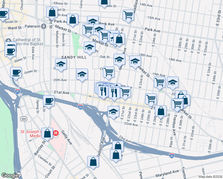 map of restaurants, bars, coffee shops, grocery stores, and more near 961 Madison Avenue in Paterson