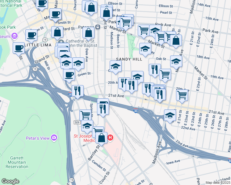 map of restaurants, bars, coffee shops, grocery stores, and more near 193 Beech Street in Paterson