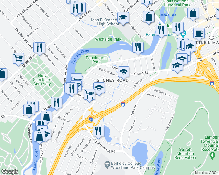 map of restaurants, bars, coffee shops, grocery stores, and more near 120 Carlisle Avenue in Paterson