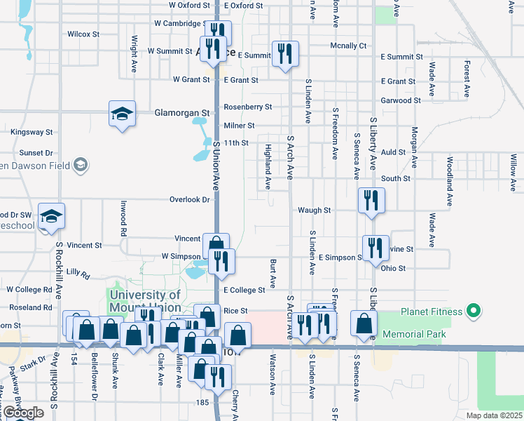 map of restaurants, bars, coffee shops, grocery stores, and more near 123 Ramsey Court in Alliance