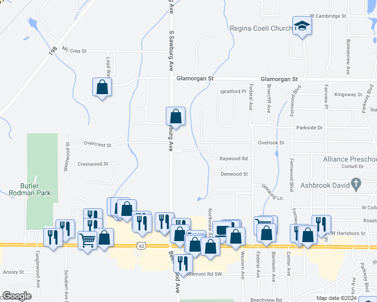map of restaurants, bars, coffee shops, grocery stores, and more near 1780 Carriage Lane in Alliance