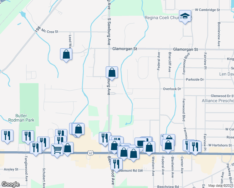 map of restaurants, bars, coffee shops, grocery stores, and more near 1780 Carriage Lane in Alliance
