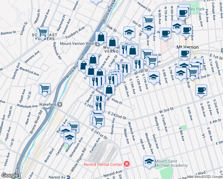 map of restaurants, bars, coffee shops, grocery stores, and more near 275 West 1st Street in Mount Vernon