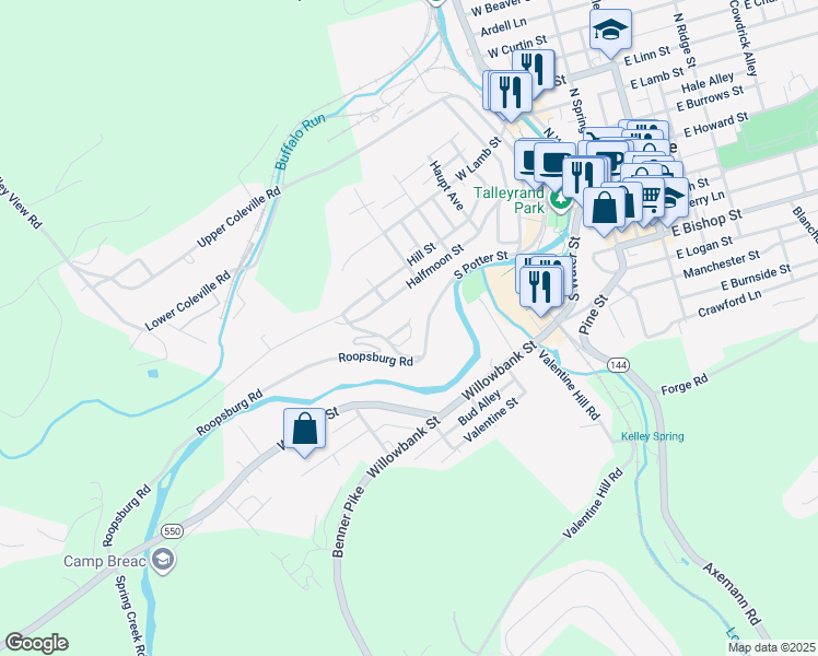 map of restaurants, bars, coffee shops, grocery stores, and more near 624 Fairview Street in Bellefonte