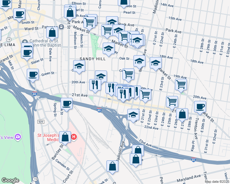 map of restaurants, bars, coffee shops, grocery stores, and more near 103 Martin Street in Paterson