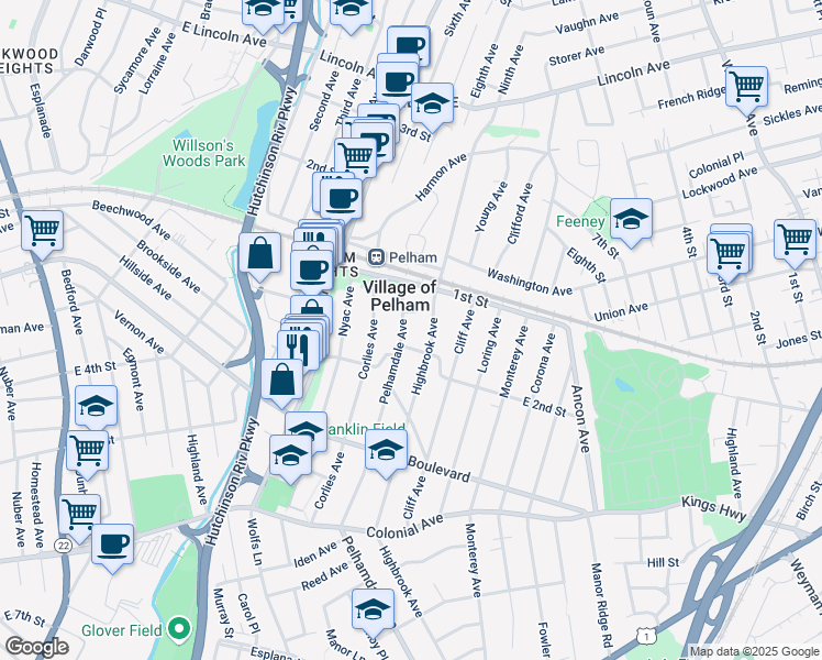 map of restaurants, bars, coffee shops, grocery stores, and more near 134 Pelhamdale Avenue in Village of Pelham