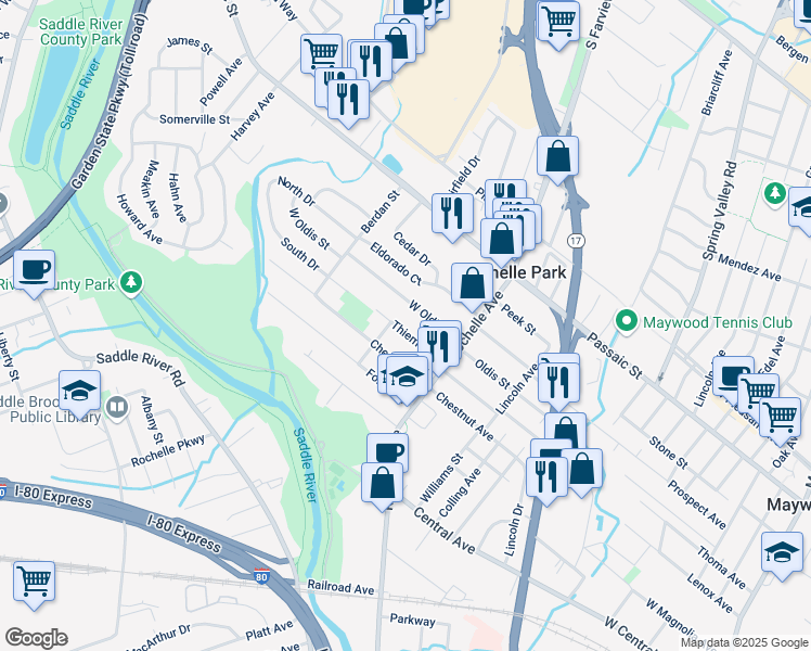 map of restaurants, bars, coffee shops, grocery stores, and more near 46 Thiem Avenue in Rochelle Park