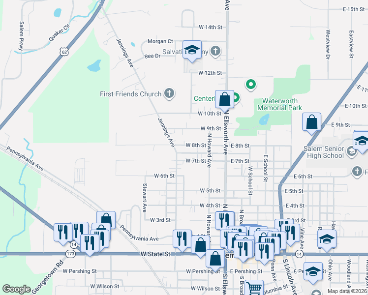 map of restaurants, bars, coffee shops, grocery stores, and more near 365 West 8th Street in Salem