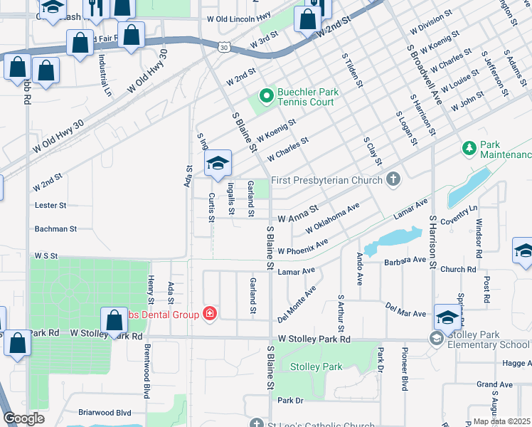 map of restaurants, bars, coffee shops, grocery stores, and more near 650-698 South Blaine Street in Grand Island