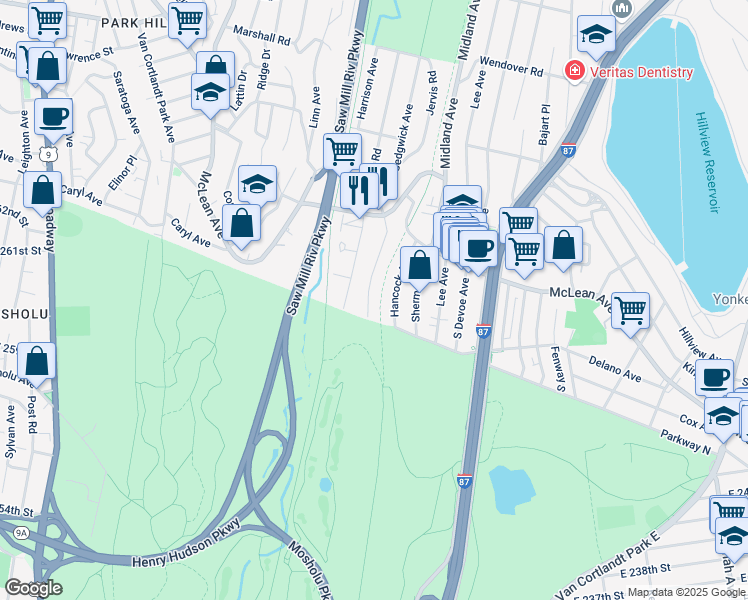 map of restaurants, bars, coffee shops, grocery stores, and more near 22 Sedgwick Avenue in Yonkers