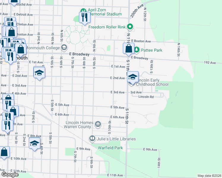 map of restaurants, bars, coffee shops, grocery stores, and more near 301-399 South 10th Street in Monmouth