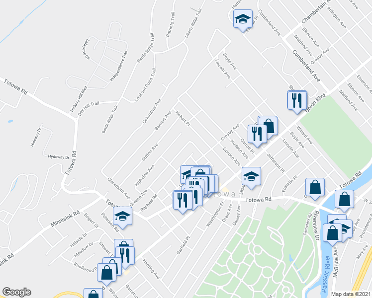 map of restaurants, bars, coffee shops, grocery stores, and more near 17 Greene Avenue in Totowa