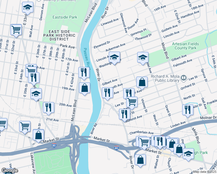 map of restaurants, bars, coffee shops, grocery stores, and more near 15 Falmouth Avenue in Elmwood Park