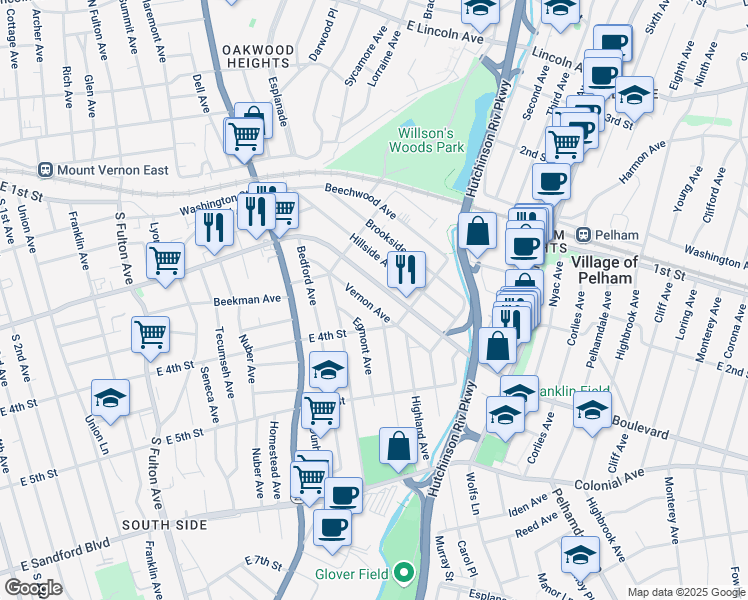map of restaurants, bars, coffee shops, grocery stores, and more near 77 Vernon Avenue in Mount Vernon